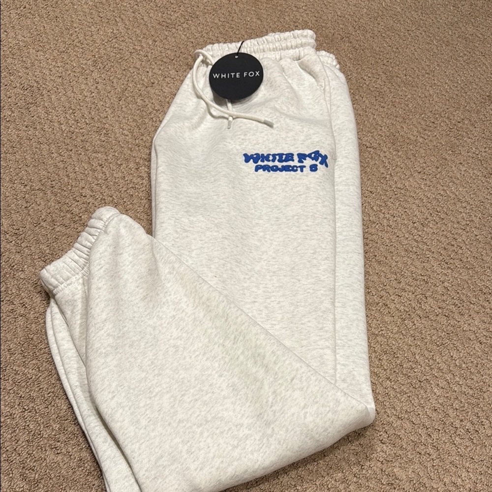 White Fox Cream Sweatpants with Blue Logo
